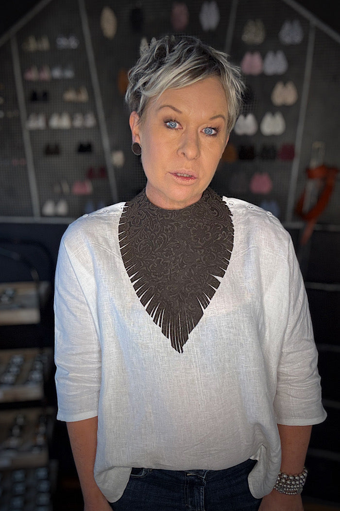 MICKELLOO “RUFFLED FEATHERS” NECKLACE - EMBOSSED ESPRESSO FLORAL