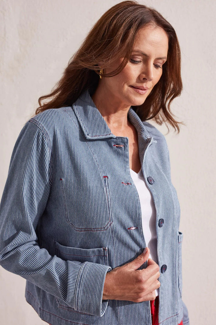PINSTRIPE BUTTON FRONT JACKET - JET BLUE