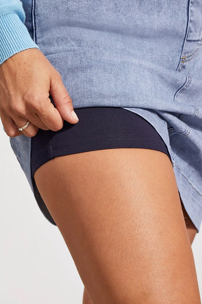 PULL-ON DENIM SKORT WITH POCKETS - VISTA BLUE