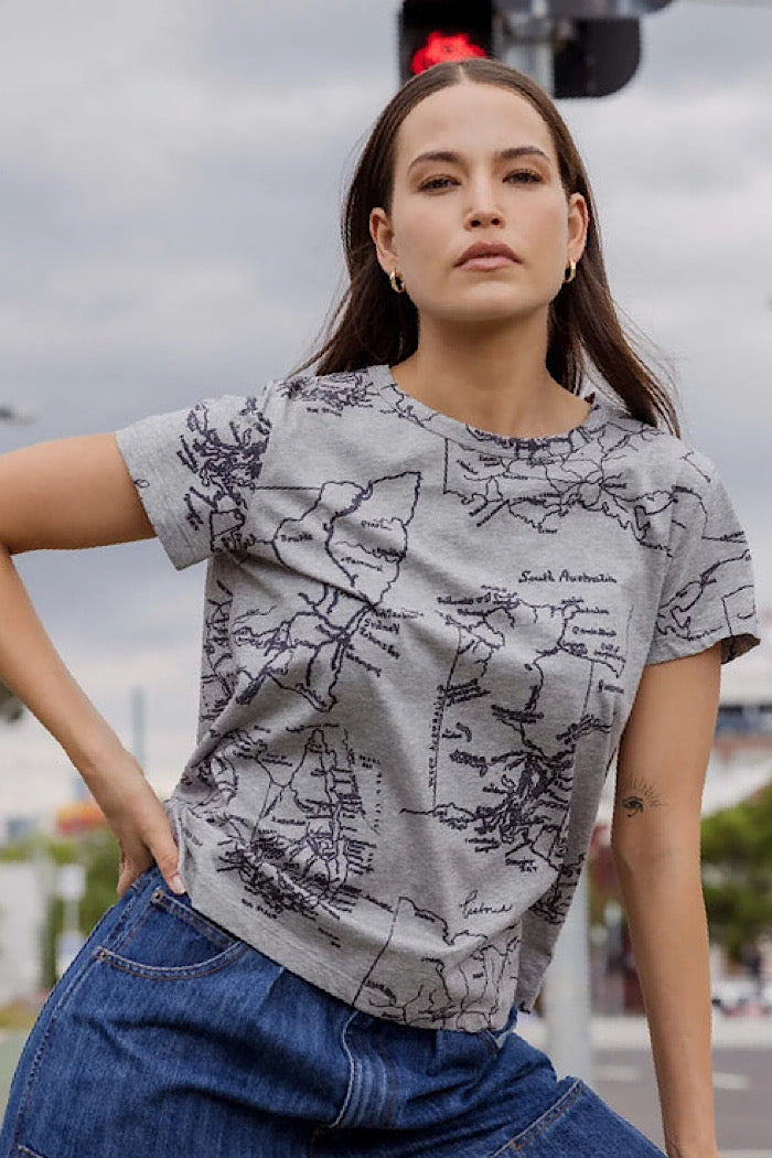 CIRCULAR BY MAUD ALICE DAINTY NAVIGATOR TEE - MAPS ON GREY MARLE