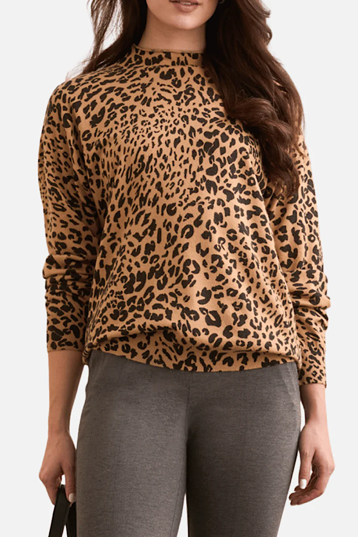 TRIBAL FUNNEL NECK SWEATER - LEOPARD PRINT