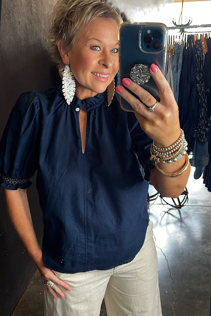 LILY SMOCK SLEEVE TOP  - NAVY