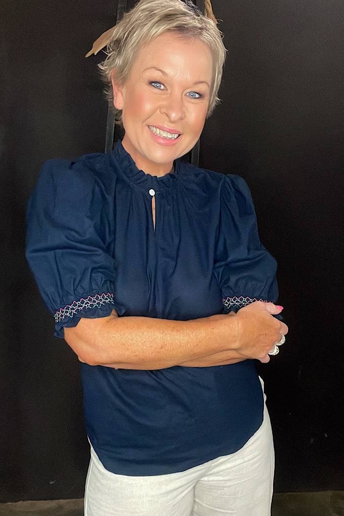 LILY SMOCK SLEEVE TOP  - NAVY