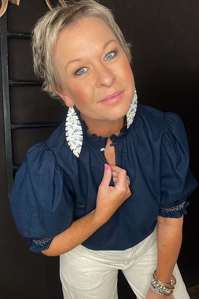 LILY SMOCK SLEEVE TOP  - NAVY
