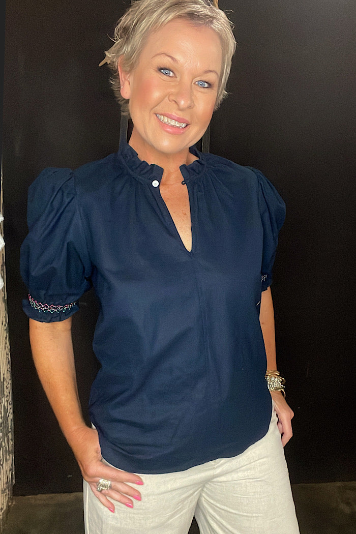 LILY SMOCK SLEEVE TOP  - NAVY