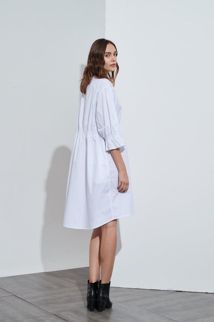 SHIRRING DETAIL DRESS - WHITE