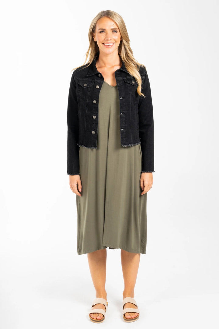 FRAYED CROPPED DENIM JACKET - BLACK - FINAL CLEARANCE