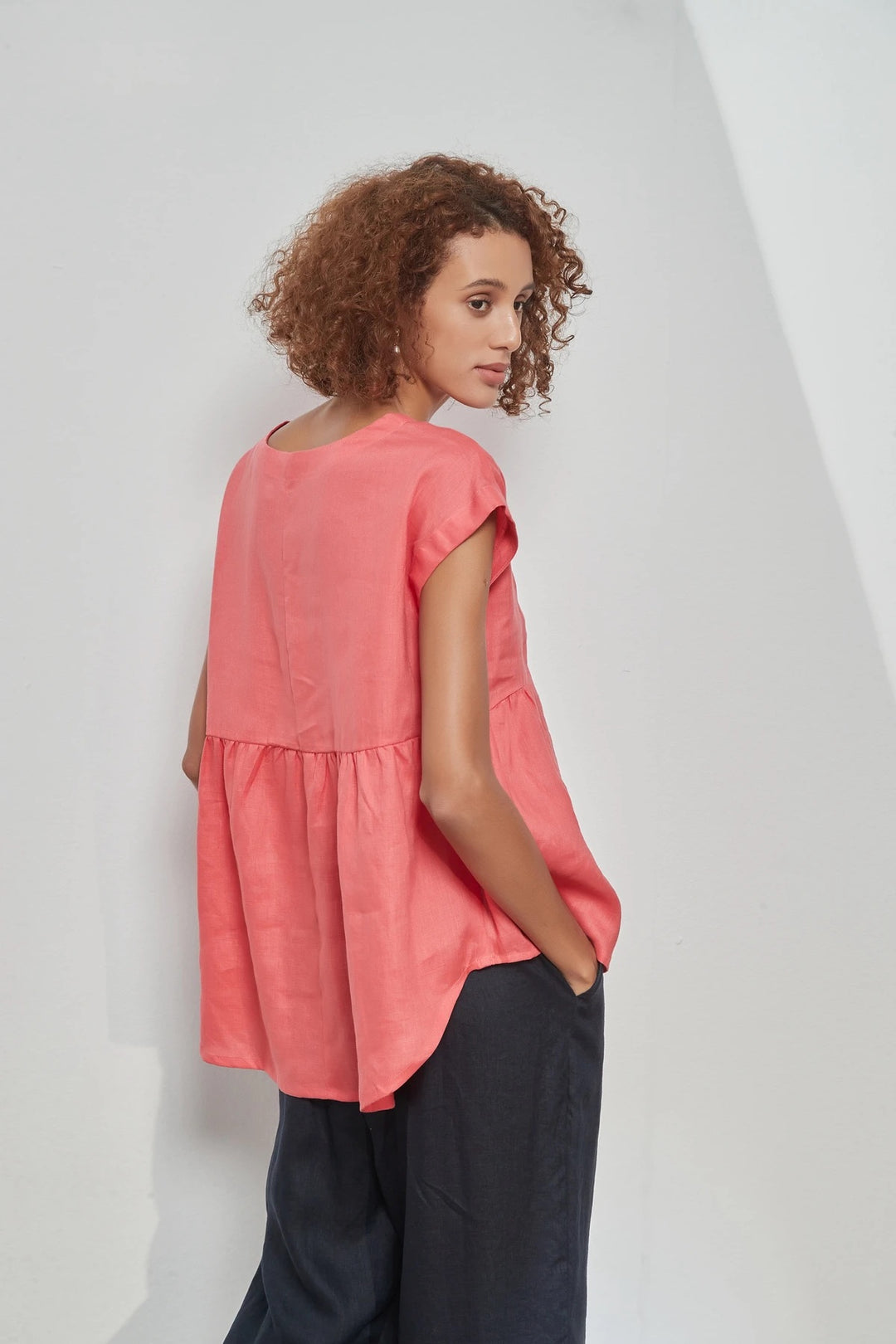 RELAXED CAP SLEEVE GATHER TOP - WATERMELON