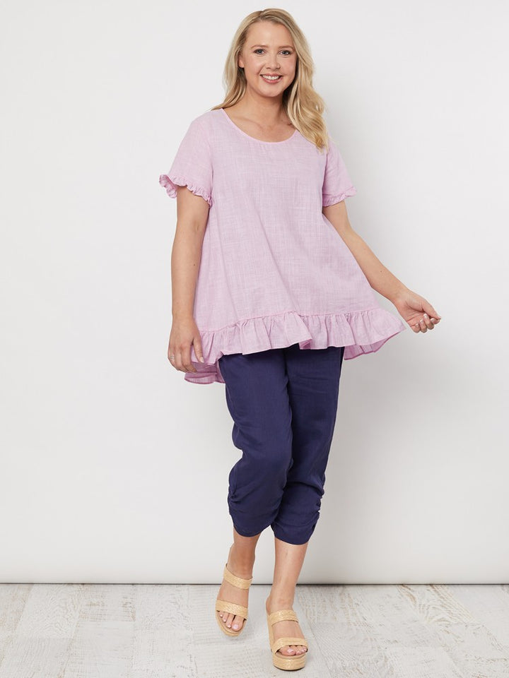 FRILL TRIM SWING LINEN TOP - FLOSS